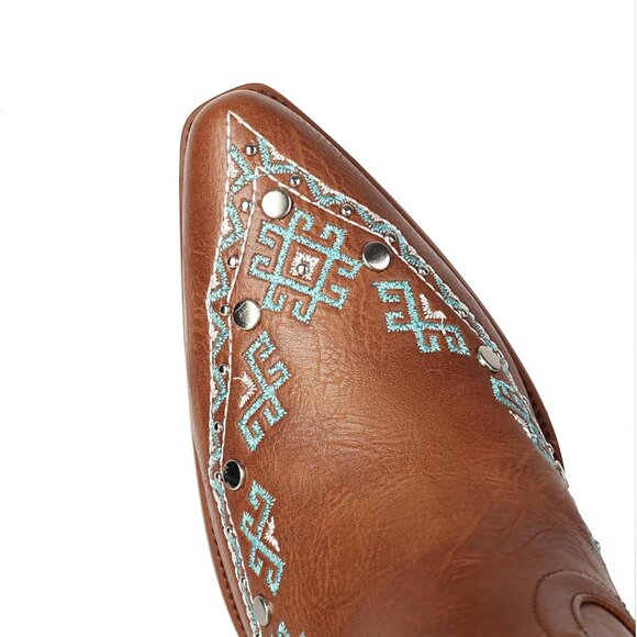 ⚡Women's Brown Snip Toe Cowgirl Mid Calf Boots With Rivets Pull On Chunky Heel - Picture 3 of 6